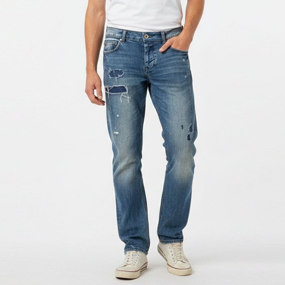 Armani Exchange AX Distressed Straight Jeans Blue Denim Raw Hem 100% Cotton